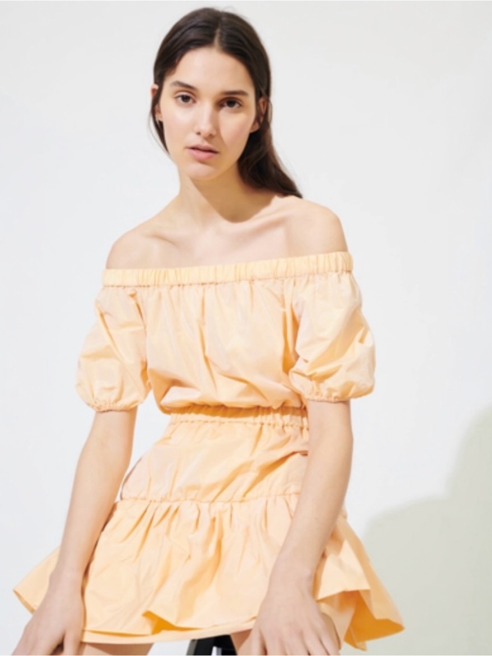Maje Romey Mini Dress Size 34 XS Apricot Orange Off The Shoulder Gather Taffeta - Picture 2 of 16